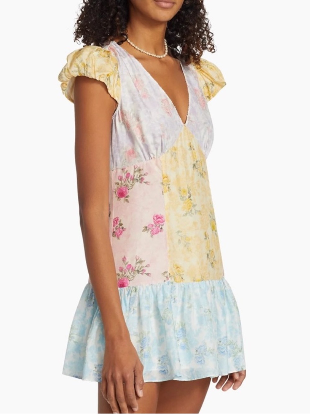 LOVESHACKFANCY Russ Silk Floral Print Mini Dress. Pink, Blue and Yellow print. - Picture 4 of 16